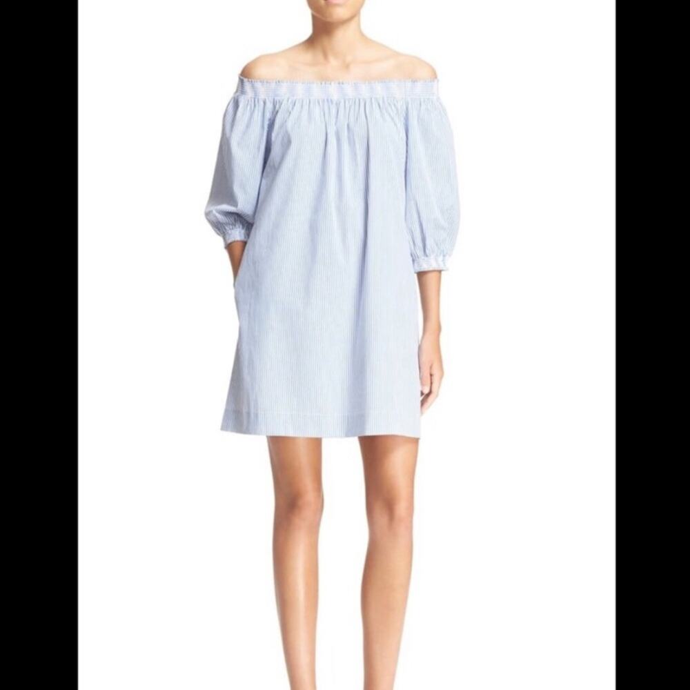 Trina Turk Neville Blue White Striped Off Shoulder Dress Size Small